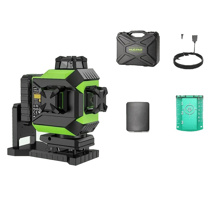 Nivel laser 704CG, 4 linii laser 360°, ajustare luminozitate, acumulator Li-ion 6600mAh, mod auto-nivelare