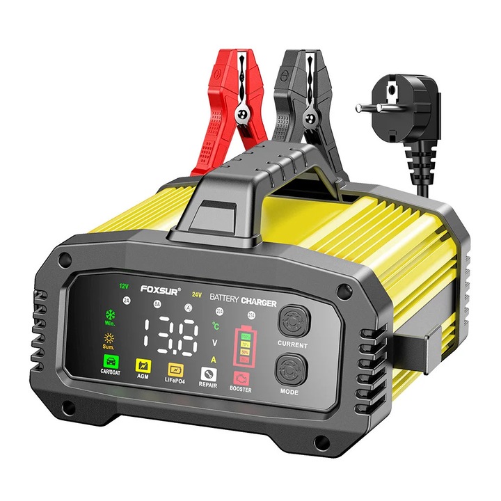 Incarcator Baterie Auto & Moto, Smart 12V/24V 25A/15A, Pentru LiFePO4 AGM GEL Plumb-acid, Tehnologie Switch‑mode, Protectii Multiple, Gri Inchis