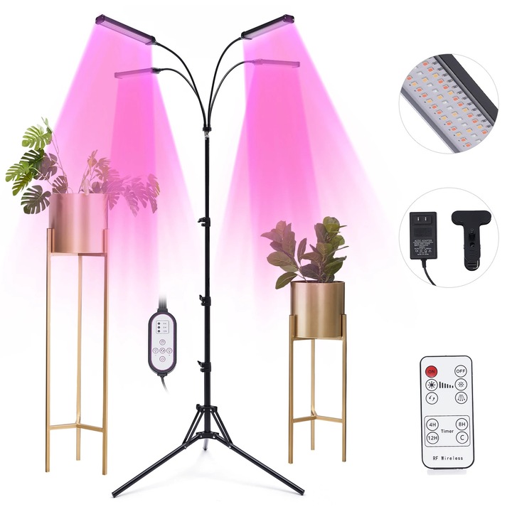 Лампа за отглеждане на растения с 4 глави, стойка и щипка, DC12V 30W, 420 LED, за стайни растения, 10 нива на яркост, таймер 3 часа