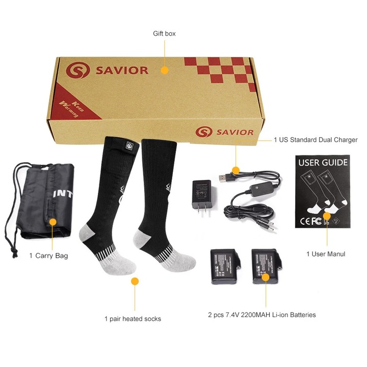 Електрически отопляеми чорапи, Saviorl, черно-сиви, S, 2200mAh, 40-65°C, 2.5-8h