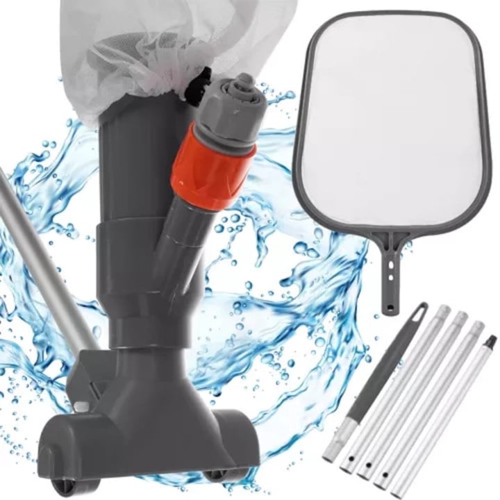 Set curatare piscina 2 in 1 aspirator apa si plasa, kit curatare piscina cu furtun, maner telescopic 120 cm, pentru piscina iaz spa fantana