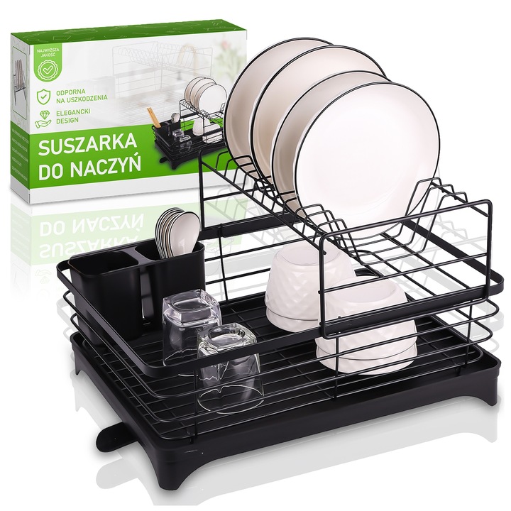 Pixel edényszárító, kétszintes, evőeszköztartóval, lefolyórendszerrel, fekete, 43x31,5x22,5cm