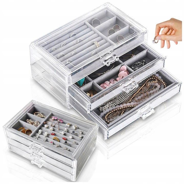 Cutie bijuterii Pixel, organizator mare, 10 compartimente, gri, 23x14x11cm