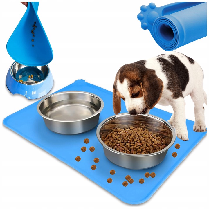 Mata siliconica pentru animale, Pixel, 48x30cm, waterproof, antiderapanta, albastra