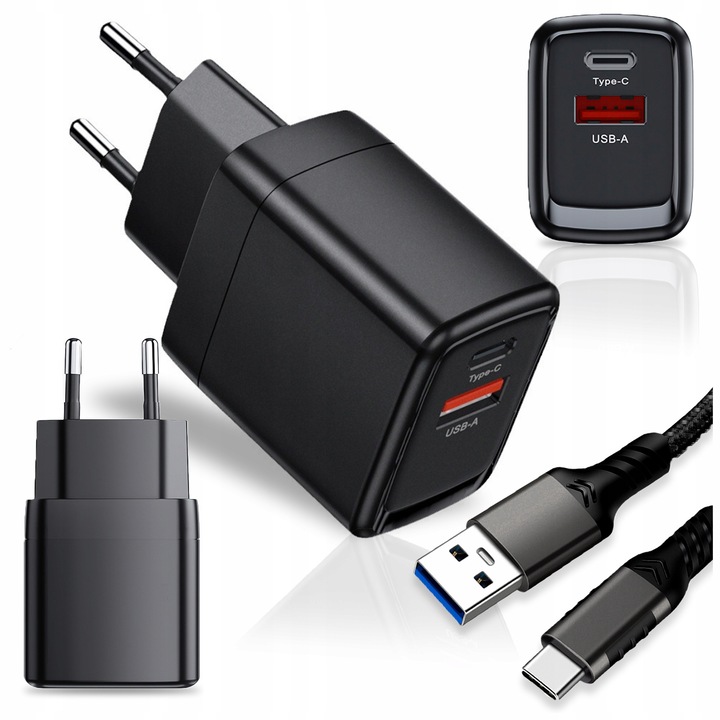 Incarcator de telefon Pixel 25W, 2 porturi USB + USB-C, compact, negru