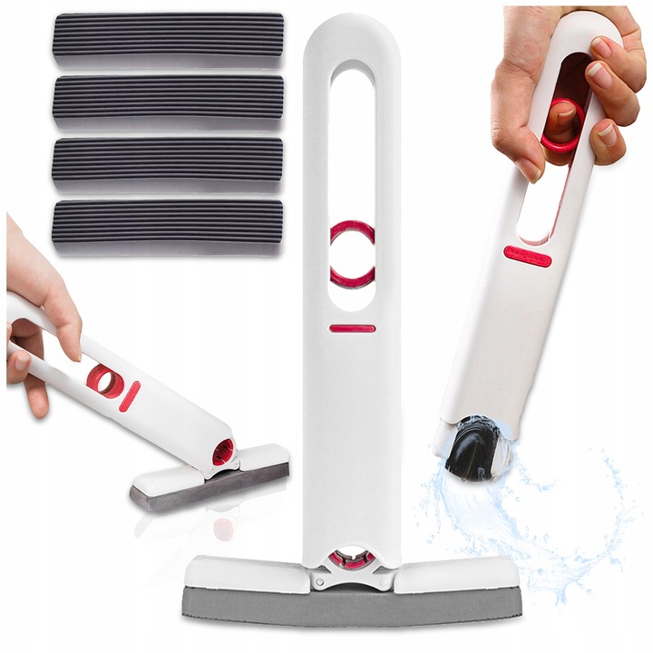 Mop mini pentru curatat feronerie, Pixel, microfibra, cu sistem de stoarcere, cu 4 bureti, 29x15cm, alb/gri