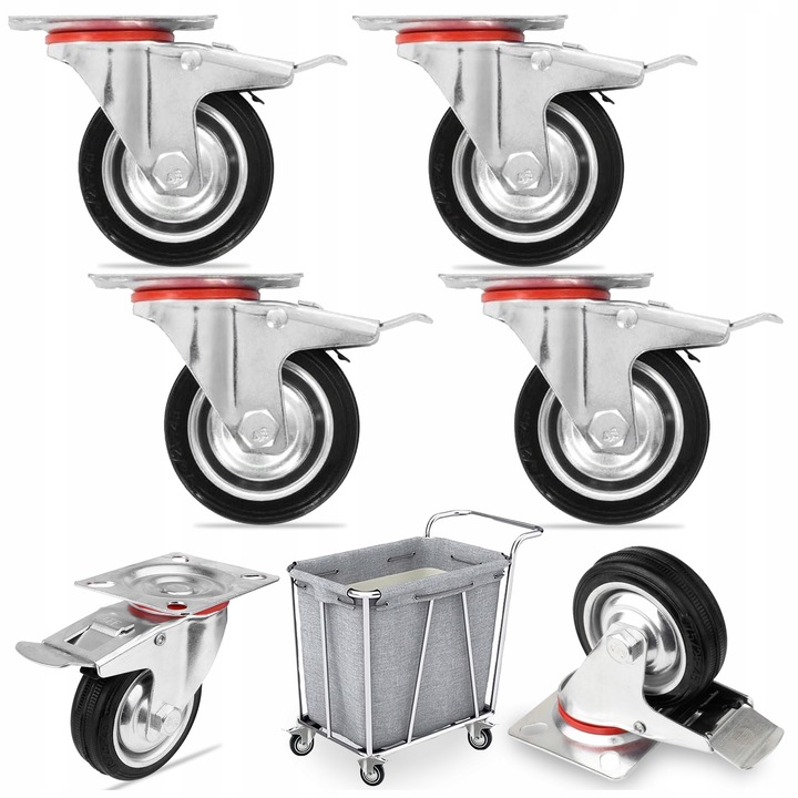 Set 4 roti pivotante cu frana, Pixel, 75mm, capacitate 400kg, metal/cauciuc, argintiu