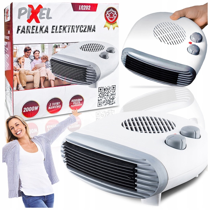 Pixel 2 az 1-ben ventilátoros fűtőtest, 2000 W, 3 sebességfokozat, fehér, 26x13x27 cm
