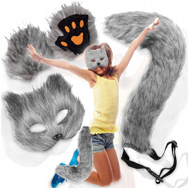 Комплект карнавален костюм, Pixel, маска, ръкавици, опашка, сив, 50x20см