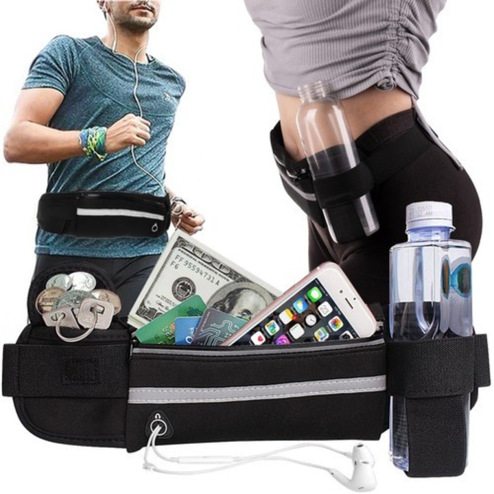 Borseta sport Trizand, nerka de alergare, 3 compartimente, neagra, 9,5x70-130cm