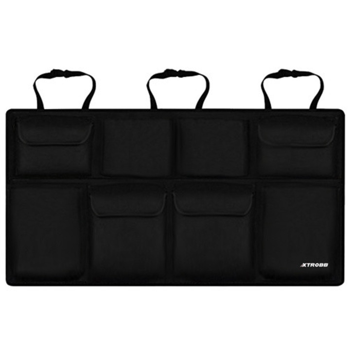 Organizator Portbagaj Auto XTROBB Premium, Suspendat pe Bancheta Spate, 8 Buzunare Incapatoare, Fixare Securizata cu Catarame si Velcro, Universal, Impermeabil, Negru
