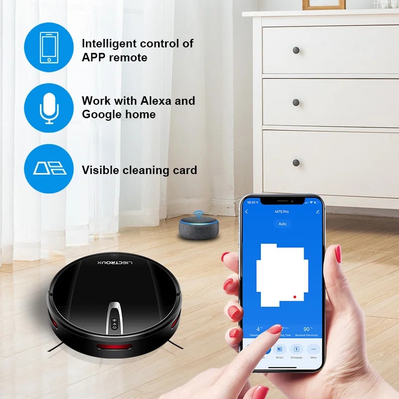 Aspirator robot cu mop umed si uscat, Smart Mapping, control WiFi, putere de aspiratie 4000Pa, negru, set complet