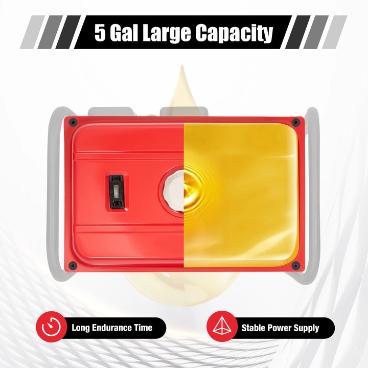 Rezervor combustibil generator, Rezervor benzina, Capacitate 18, 9 l (5 gal), Capac cu indicator, filtru & tampoane cauciuc, Pentru generator pe benzina monocilindru, Fier, Rosu