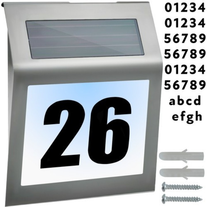 Numar de casa solar iluminat Izoxis, senzor crepuscular, set litere si cifre incluse, argintiu, 18x20x3cm
