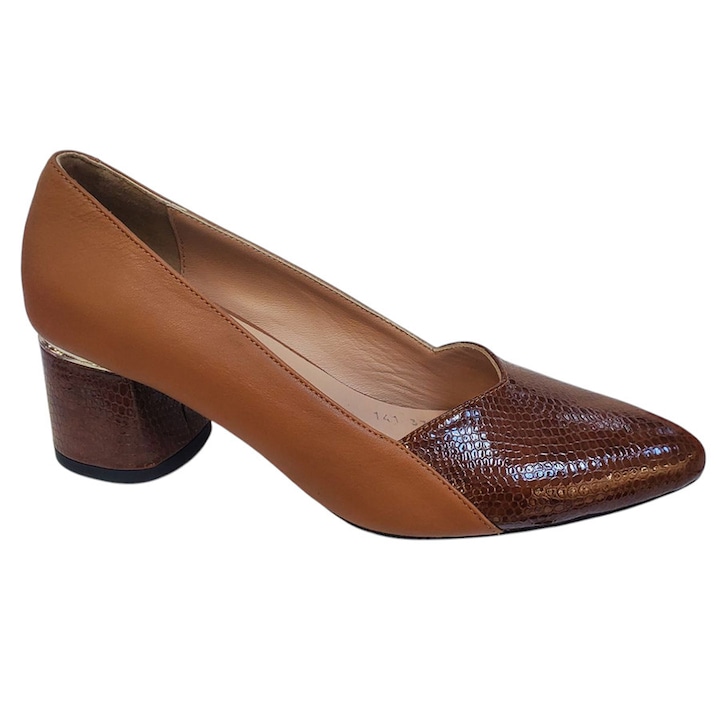 Pantofi Dama Eleganti Dogati Din Piele Naturala, Maro, Cu Toc Gros Ornamental 6cm, Detalii Croco Lacuit, Numar 38