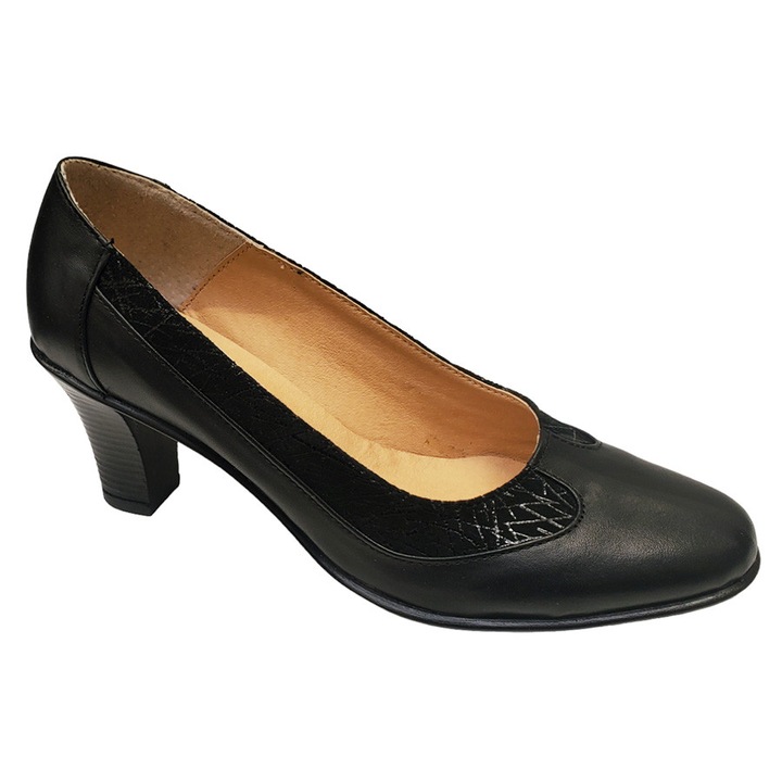 Pantofi Dama Negri Din Piele Naturala Cu Toc Subtire, 6 cm, Eleganta Clasica Fabricata In Romania, Numar 38