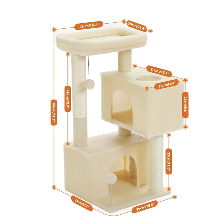 Macskajátszó szett, 3 szint, 2 lakás, 80x43x30cm