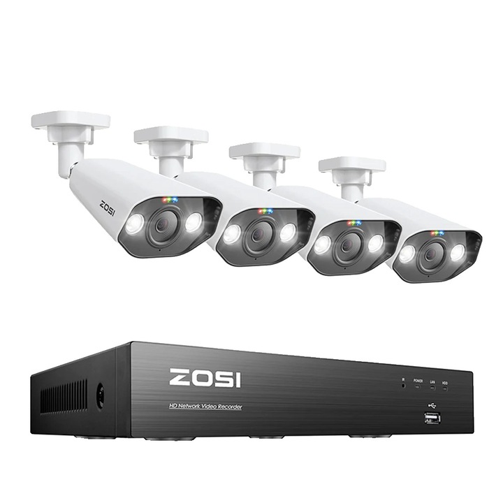 Система за видеонаблюдение Zosi, 5MP, 4 bullet камери, AI детекция, цветно нощно виждане, 2TB, комплект