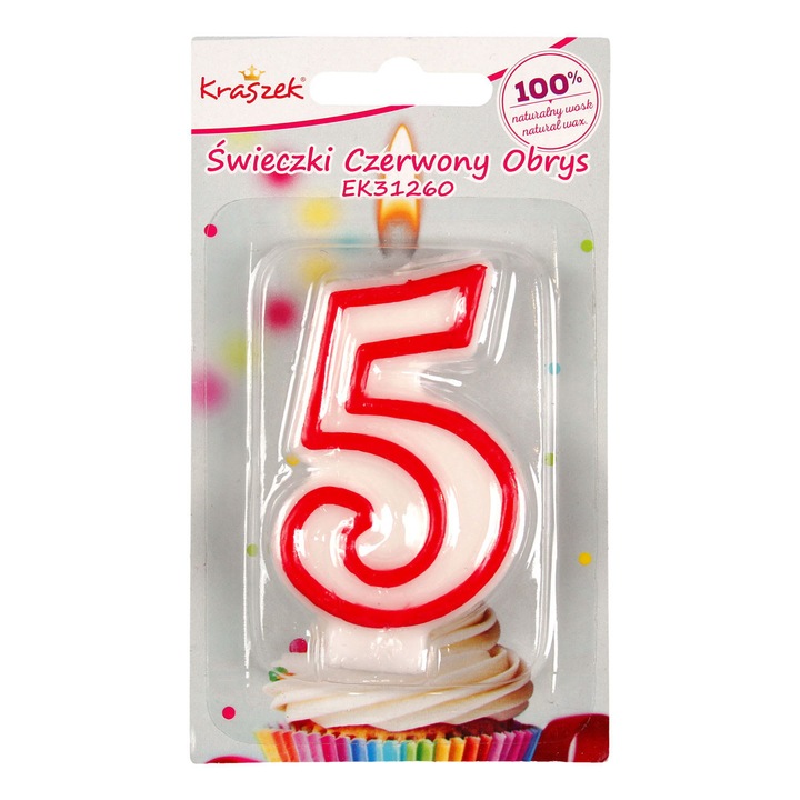 Свещ, Лука, номер "5", бяла с червен контур, 5,5x7 см, комплект от 1 брой.