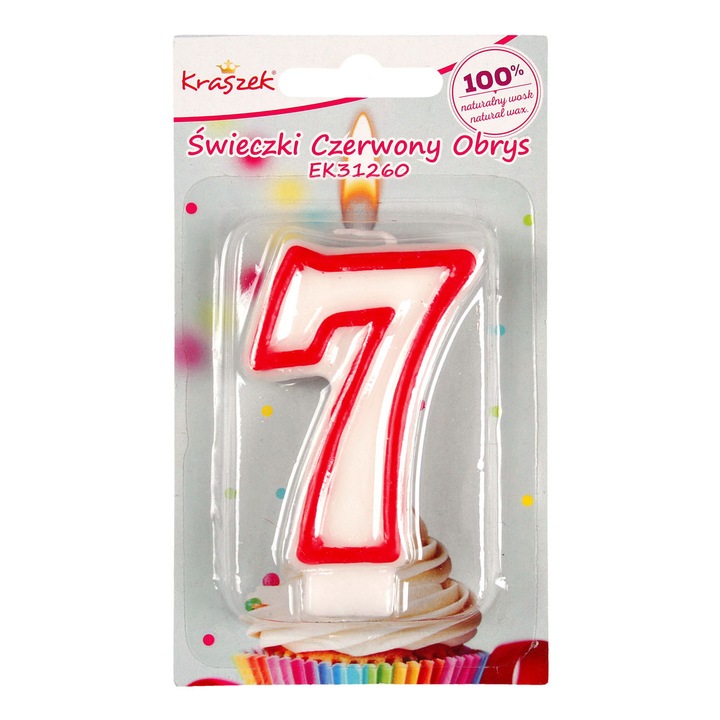 Свещ "7", Лука, бяла с червен контур, 5.5x7см, комплект от 1 брой.