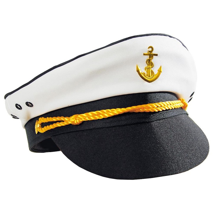 Капитанска шапка, черно-бяла, 56см, златни детайли, стилизирана котва