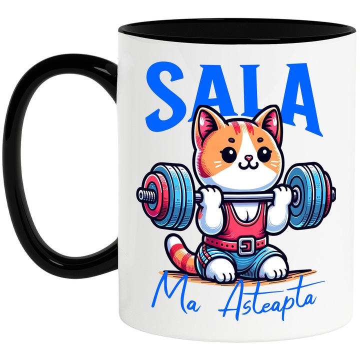 Cana cu Pisica Portocalie Ridicand Greutati Sala Sport Text Sala Ma Asteapta, Ceramica, 330ML, cu Maner Negru