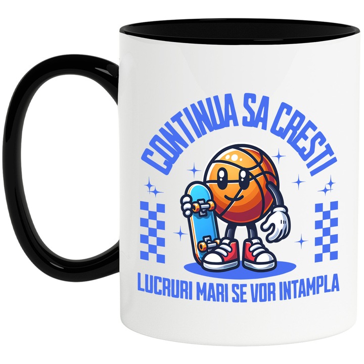 Cana cu Minge De Bascketball Cu Tenesi Rosii Si Placa De Skateboard Motivational Sport Continua Sa Cresti Lucruri Mari Se Vor Intampla, Ceramica, 330ML, cu Maner Negru