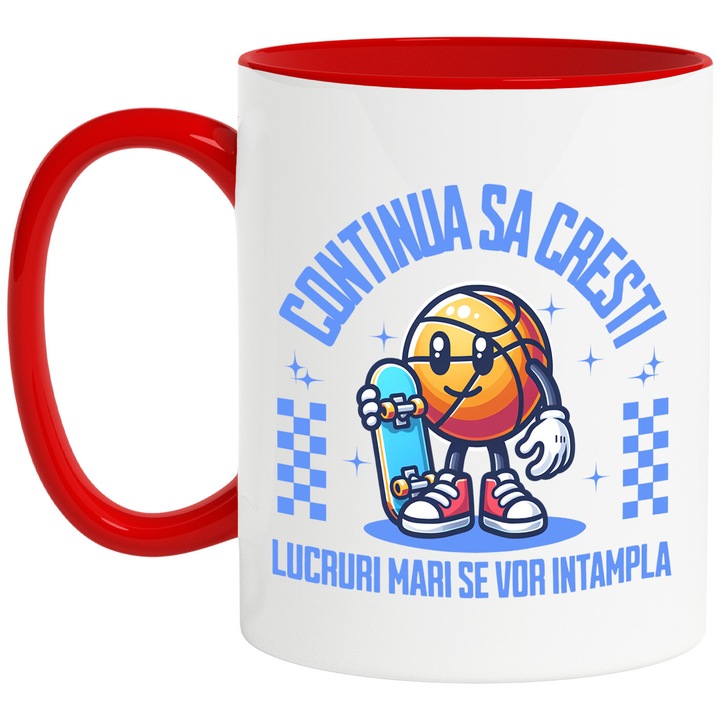 Cana cu Minge De Bascketball Cu Tenesi Rosii Si Placa De Skateboard Motivational Sport Continua Sa Cresti Lucruri Mari Se Vor Intampla, Ceramica, 330ML, cu Maner Rosu