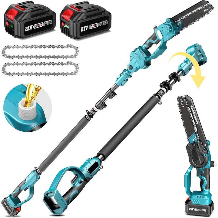 Fierastrau electric fara cablu pentru crengi inalte, Makita, Tehnologie Brushless, Extensie telescopica 2.8M, Ideala pentru gradinarit, Inclusiv 2 baterii, 8''