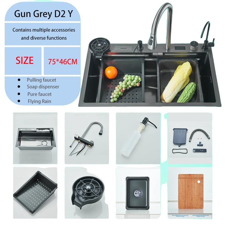 Fürdőszobai csaptelep szett, szálcsiszolt arany felülettel, többfunkciós funkcióval, 75x46cm, 4 lyukkal