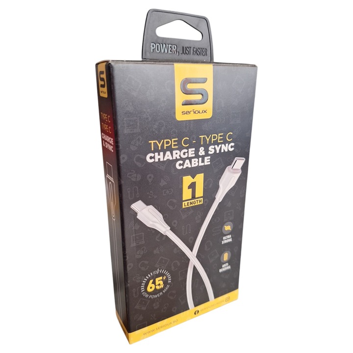 Cablu de date si incarcare USB-C to USB-C, putere 65W, SERIOUX, lungime 1m, alb, din plastic dur si anti-spiralat