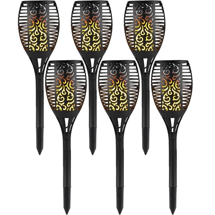 Set 6 lampi solare AB HOMES, tip Torta cu efect de FLACARA, decorativa, senzor de lumina, waterproof, 58cm, negru