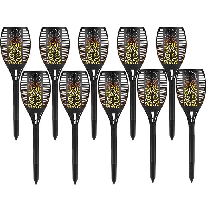 Set 10 lampi solare AB HOMES, tip Torta, efect de flacara, waterproof, 58cm, negru-rosu