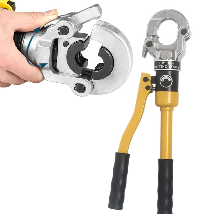 Hidraulikus fogó, 8 tonna krimpelőerővel, 4 méretű szerszámmal, sárga, 40x14cm, szerszámosládával együtt