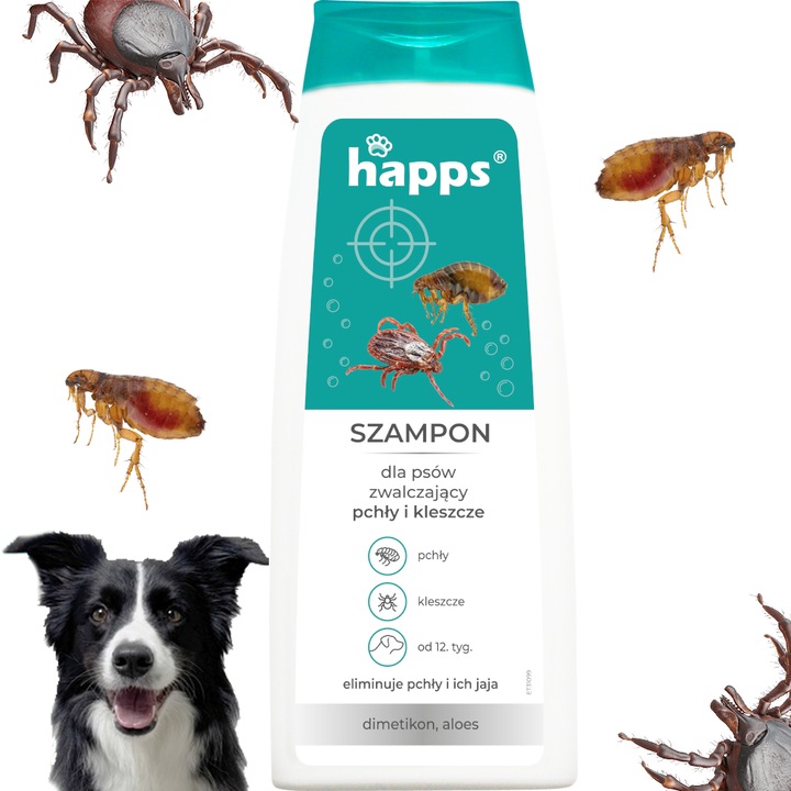 Sampon antiparazitar pentru caini Happs 250ml, dimeticon, sigur pentru pui de la 12 saptamani