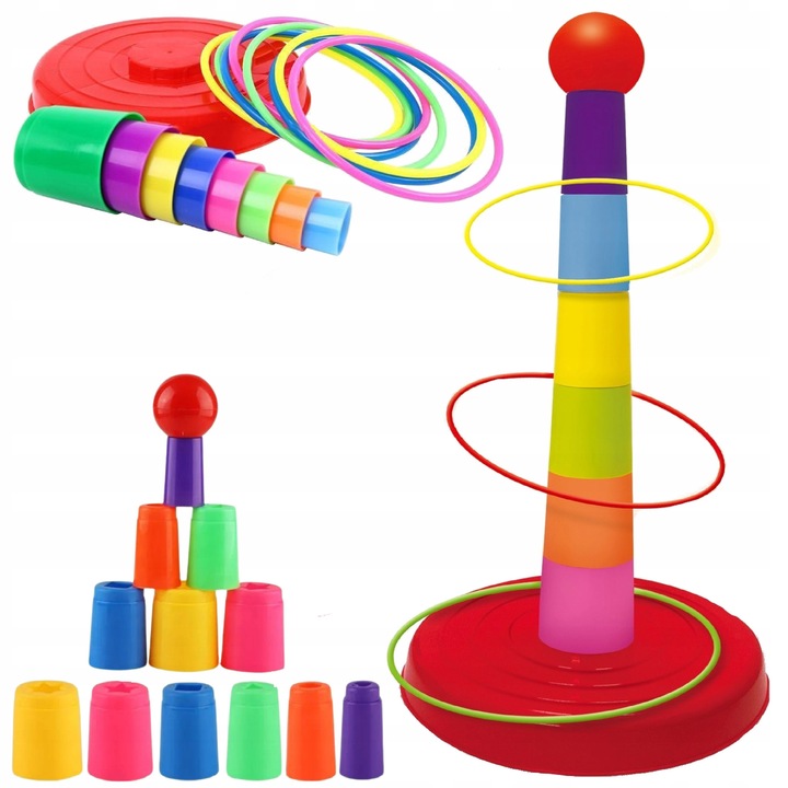 Joc educativ Luxma, set aruncare inele, 6 cuburi, 4 inele, 44x19cm, 3+ ani