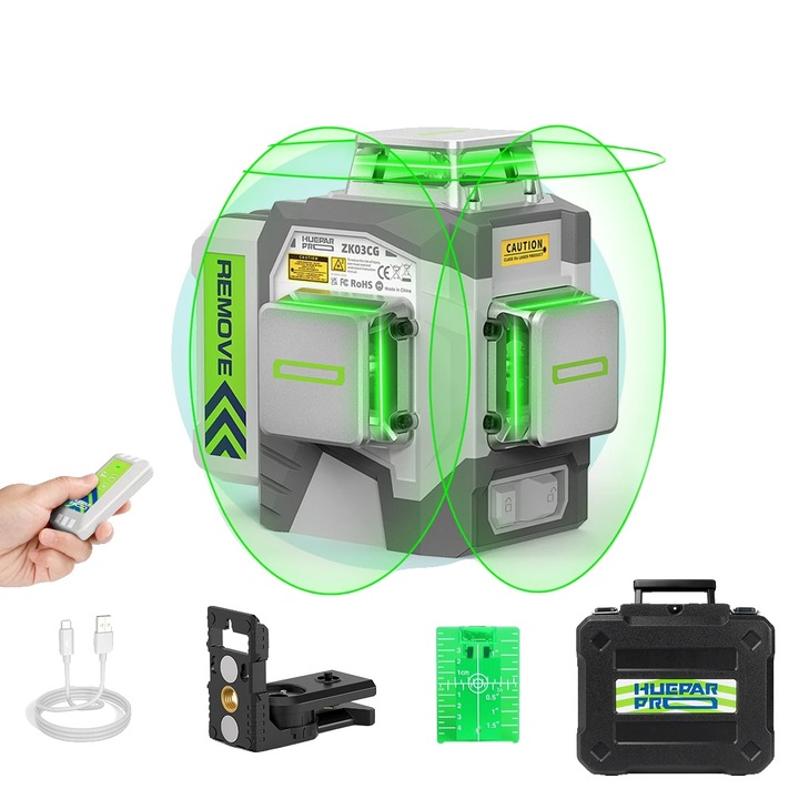 Huepar lézeres szintező, pontosság +/-2mm/10m, önszintező funkció, zöld, 24x27x16cm