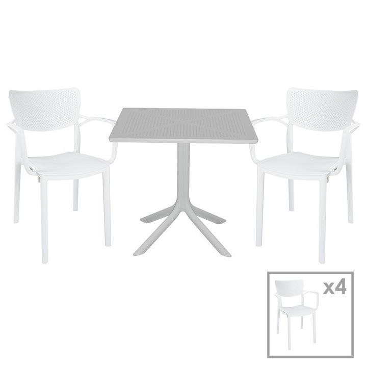 Set masa si scaune de gradina 5 Piese, Model Groovy-Fontline, Alb, 80x80x74.5 cm