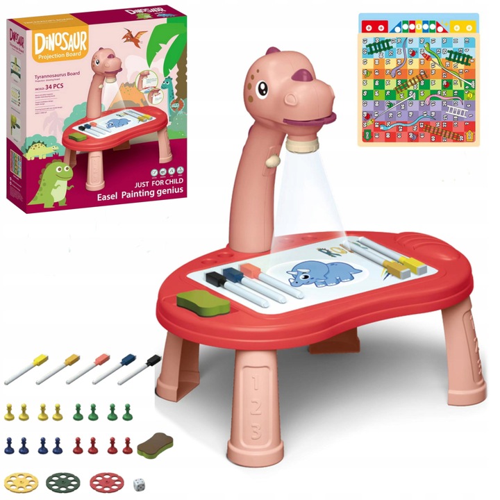 Set proiector de desen T-Rex, Luxma, 3 discuri, 5 markere, roz