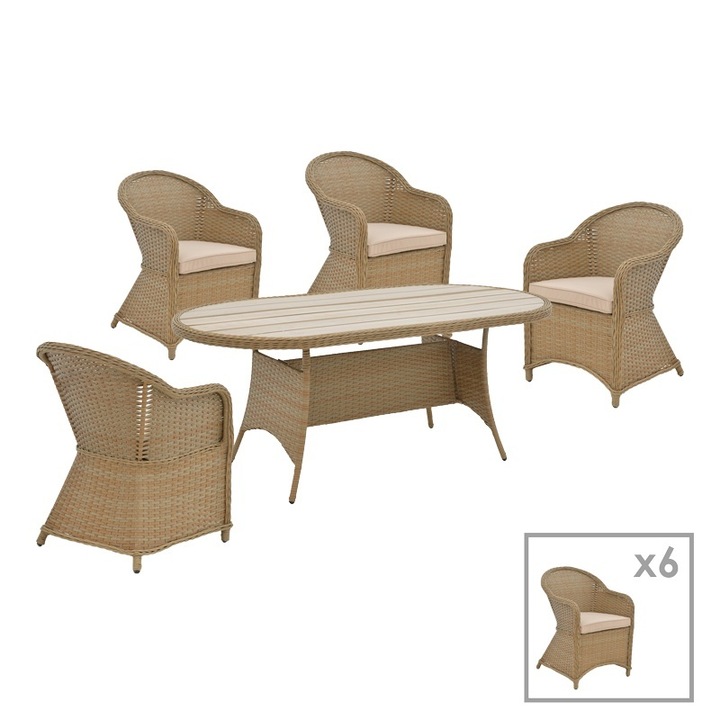 Kerti asztal és székek szett, Hadrian-Keir modell, barna és bézs színű, alumínium és polyrattan, 180x90x72 cm