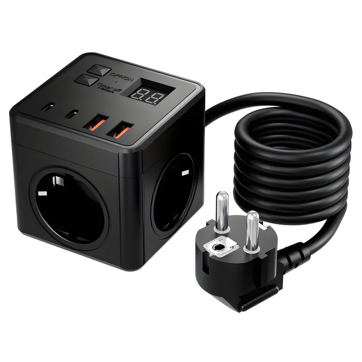 Мултифункционален куб контакт, с 3 контакта, 2 USB порта, 2 Type-C порта, таймер, включване/изключване, черен