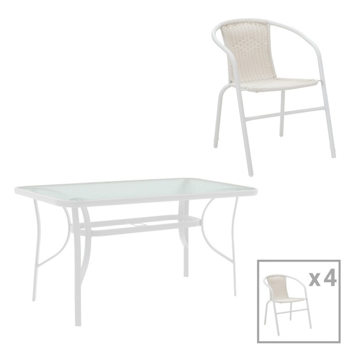 Set masa si scaune de exterior, 5 Piese, Model Obbi-Ensure, Alb/Bej, 120x70x70 cm Pako World