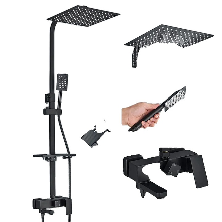 Set de dus 3 cai, cap de dus tip ploaie, robinet mixer din alama, negru