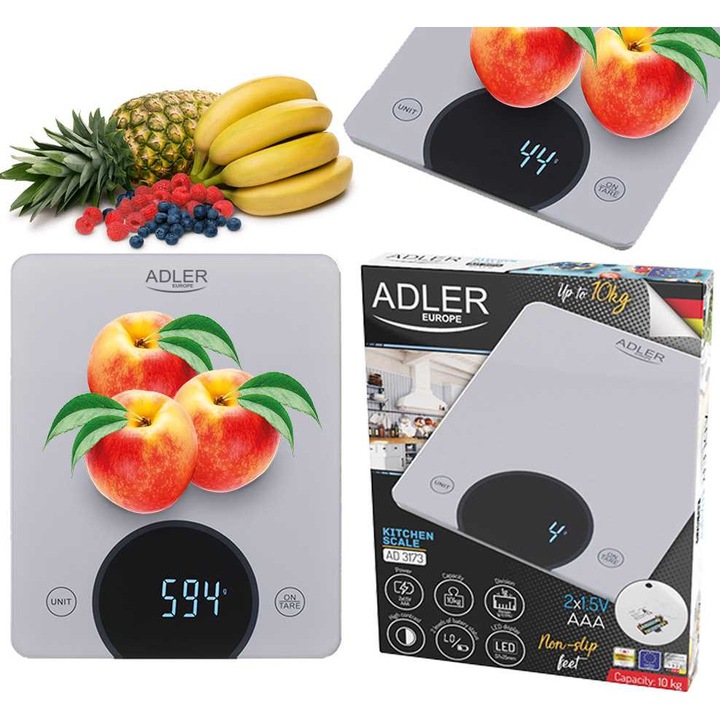 Cantar de bucatarie Adler, 10kg, display LED, sticla securizata, gri