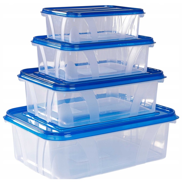 Set 4 cutii alimentare Pako, transparent, capac albastru, 0,4L-2,1L