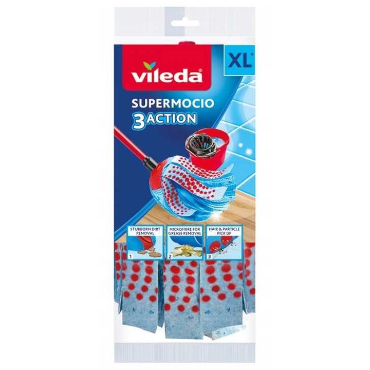 Vileda 3Action Velour XL felmosófej utántöltő, 3 tisztítózónával, piros, mosható