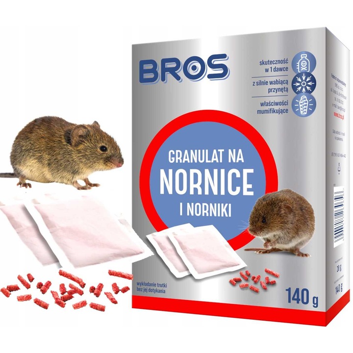 Гранулиран разтвор за полски мишки и къртици, BROS, 140гр, ефективен, без неприятна миризма
