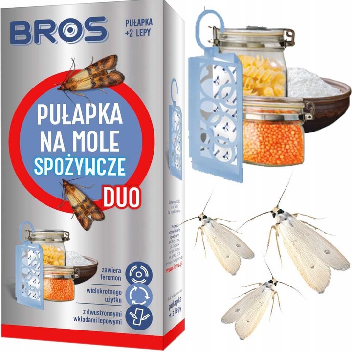 Capcana pentru molii alimentare BROS DUO, cu feromon, cu banda adeziva dubla, albastru, 1 set (capcana + 2 rezerve)