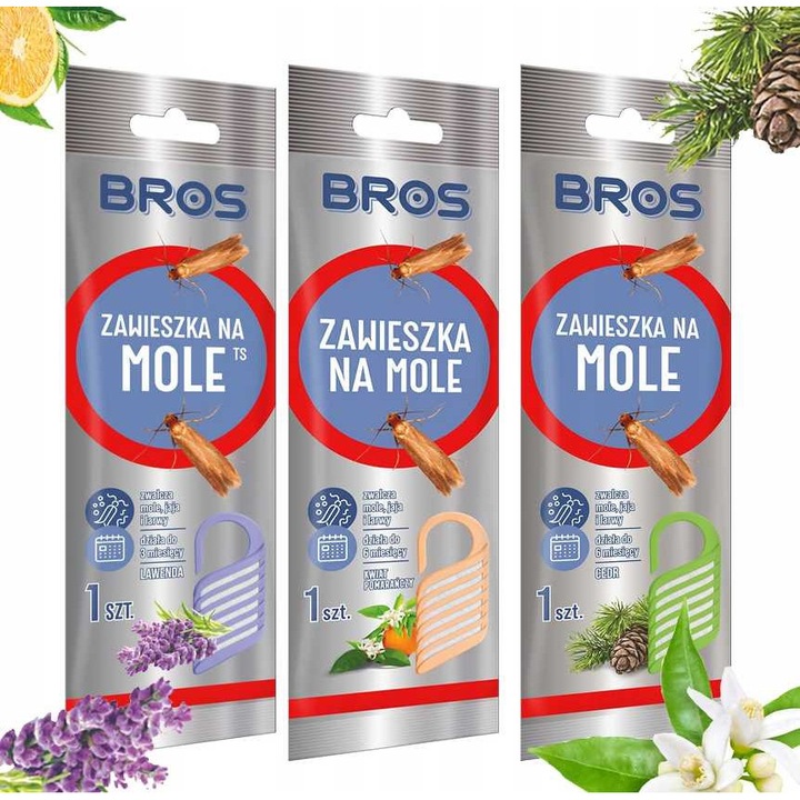 Set 3x pandantive pentru molii BROS - Lavanda, Cedru, Floare de Portocal