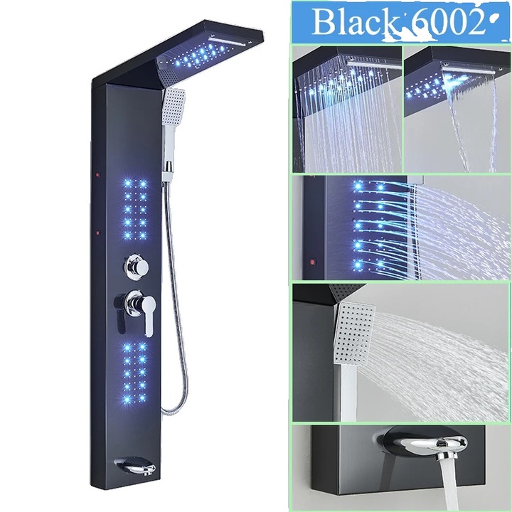 Coloana de dus, LED, 4/5 functii, montare pe perete, negru, 1 manere